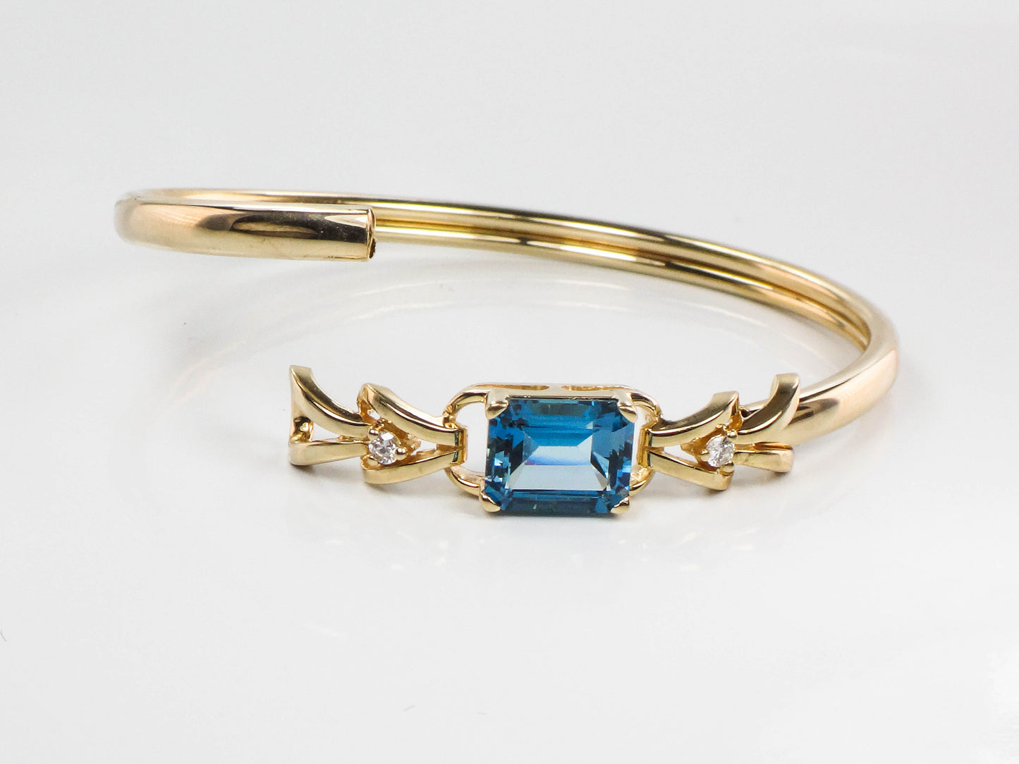 14k Yellow Gold Blue Topaz Diamond Bangle Bracelet, Pre-Owned Jewelry