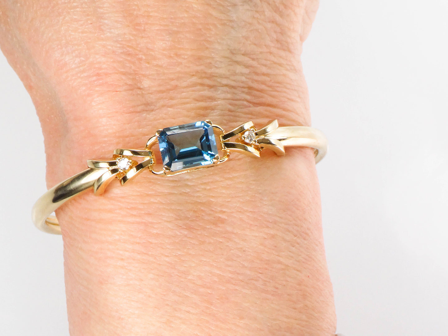 14k Yellow Gold Blue Topaz Diamond Bangle Bracelet, Pre-Owned Jewelry
