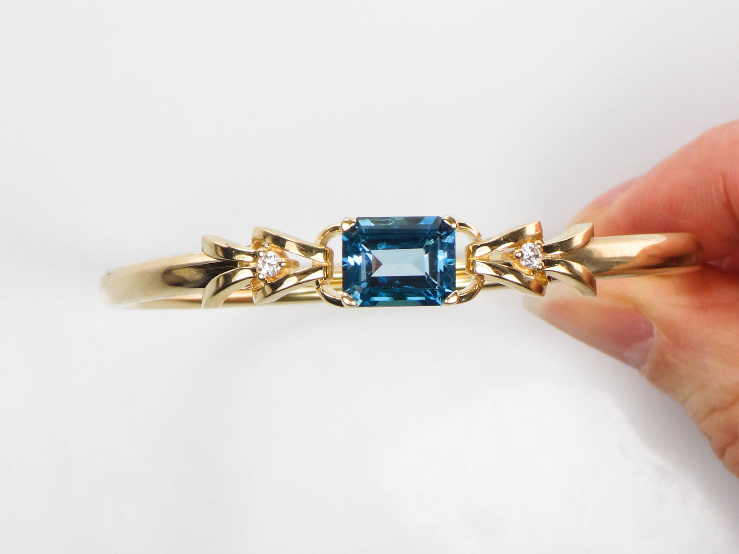 14k Yellow Gold Blue Topaz Diamond Bangle Bracelet, Pre-Owned Jewelry