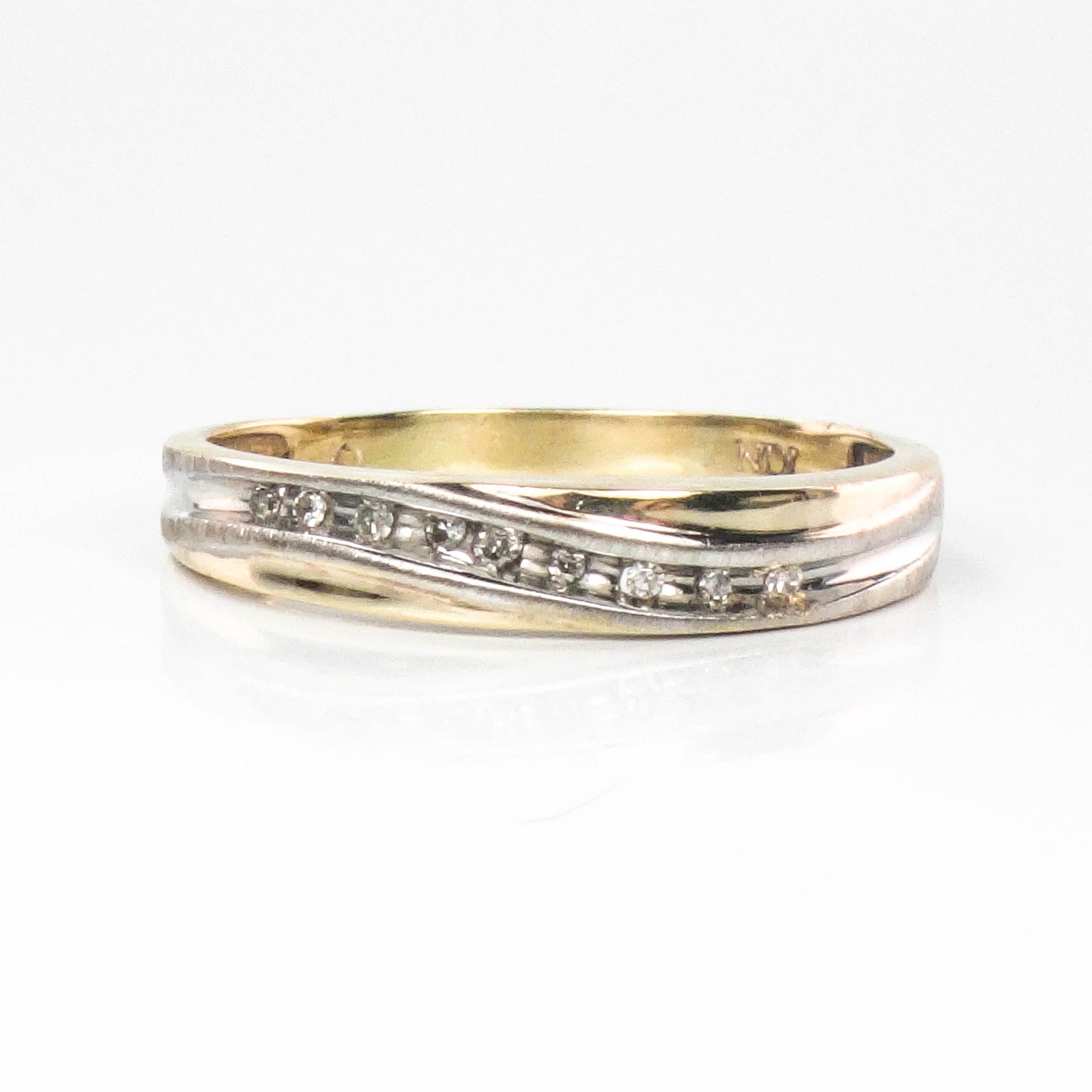 Vintage 10k Two Tone Gold Thin Diamond Wave Wedding Band, Stacking Ring, Size 6.75