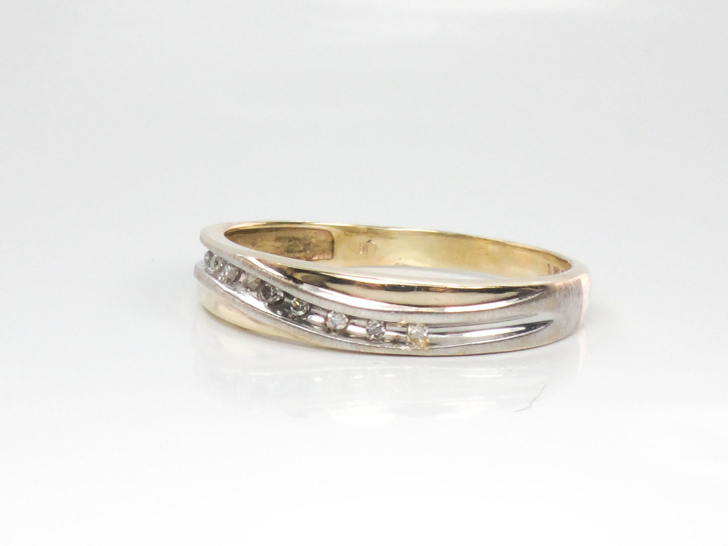 Vintage 10k Two Tone Gold Thin Diamond Wave Wedding Band, Stacking Ring, Size 6.75