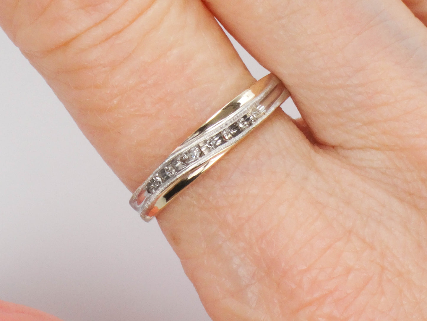 Vintage 10k Two Tone Gold Thin Diamond Wave Wedding Band, Stacking Ring, Size 6.75