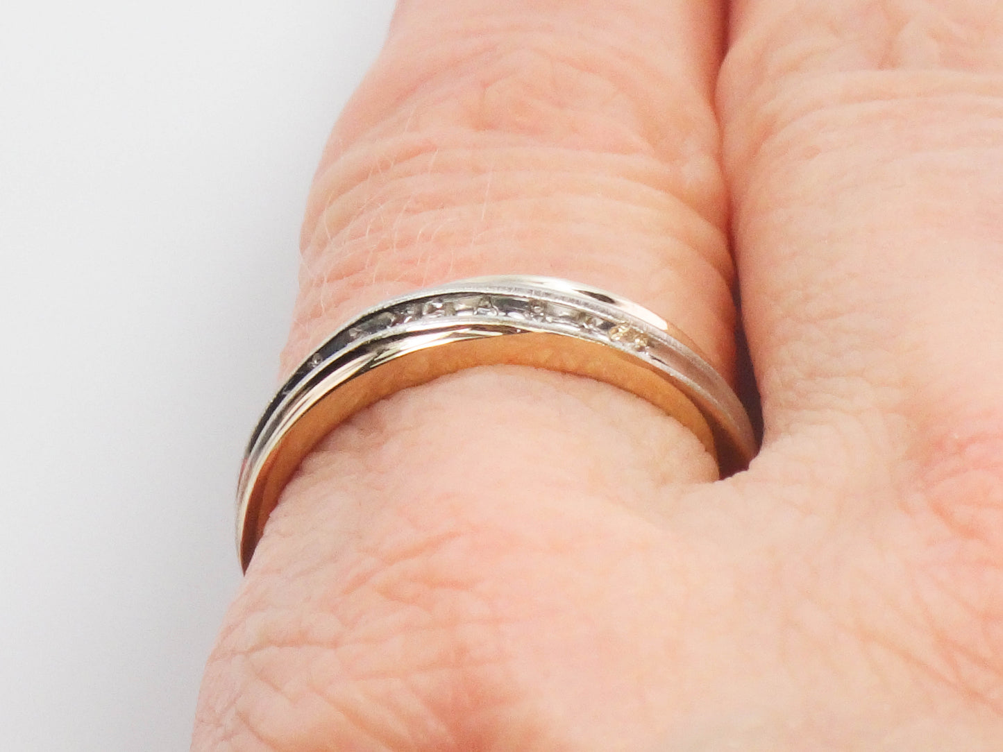 Vintage 10k Two Tone Gold Thin Diamond Wave Wedding Band, Stacking Ring, Size 6.75