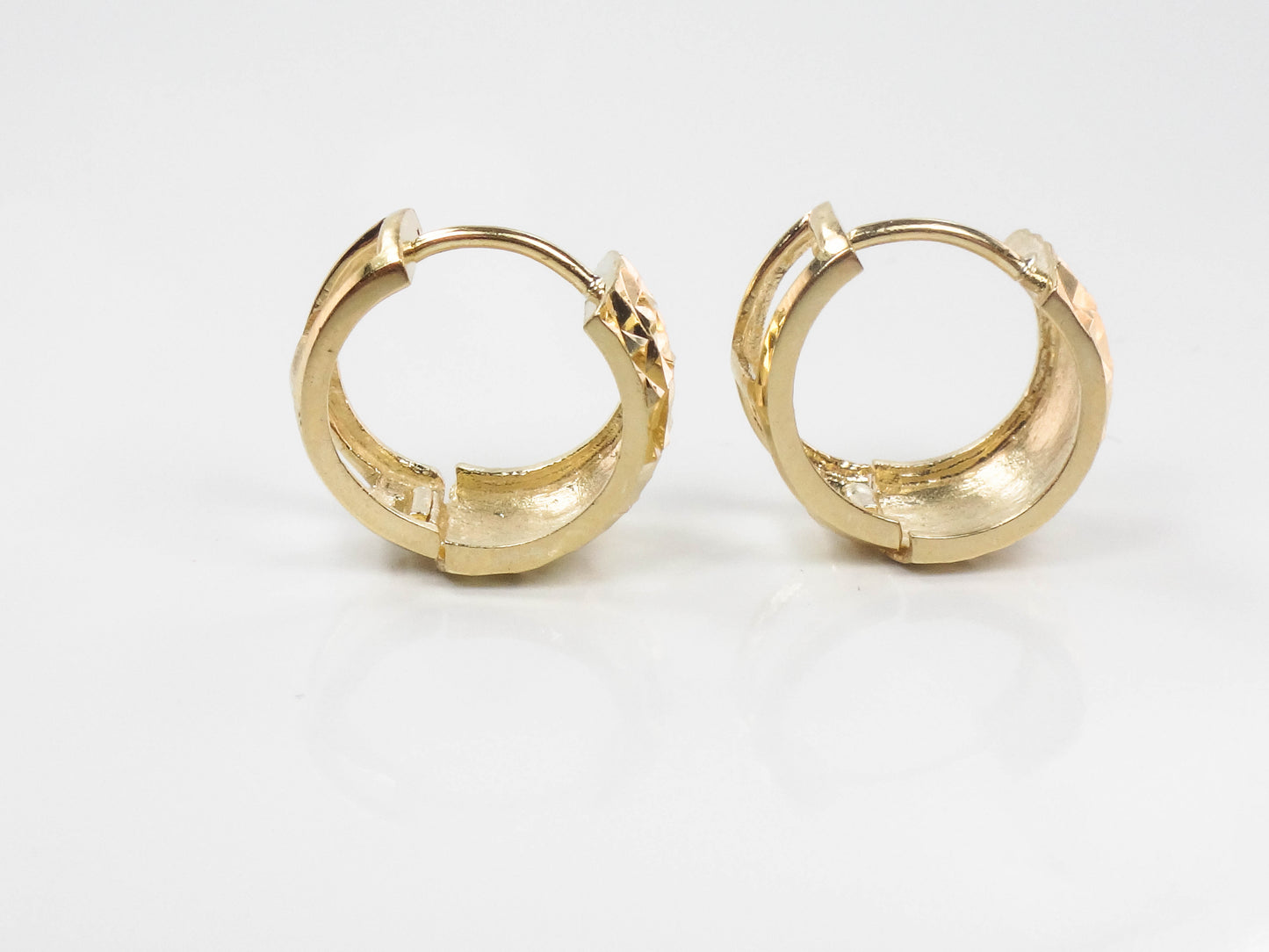 Vintage Solid 14k Yellow Gold Huggie Hoop Earrings with Diamond Cut Design