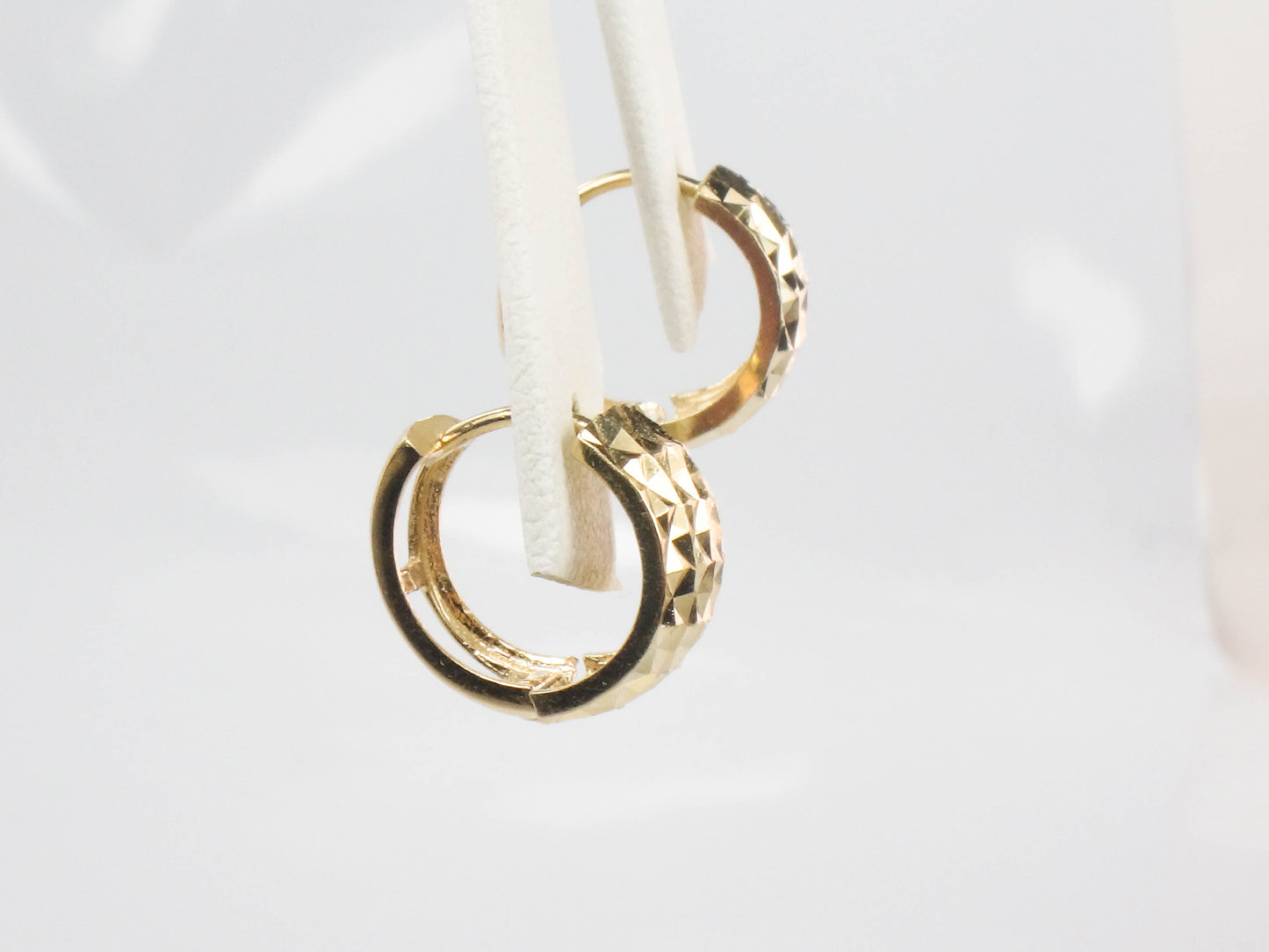 Vintage Solid 14k Yellow Gold Huggie Hoop Earrings with Diamond Cut Design