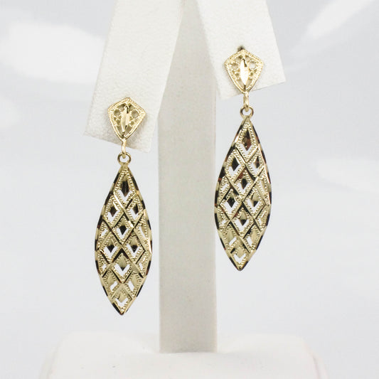 Vintage Solid 14k Yellow Gold Diamond Cut Pierced Design Dangle Earrings