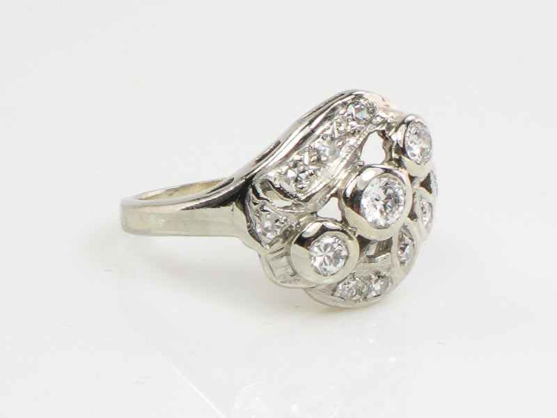 Vintage Art Deco 14k White Gold Diamond Cluster Dinner Ring