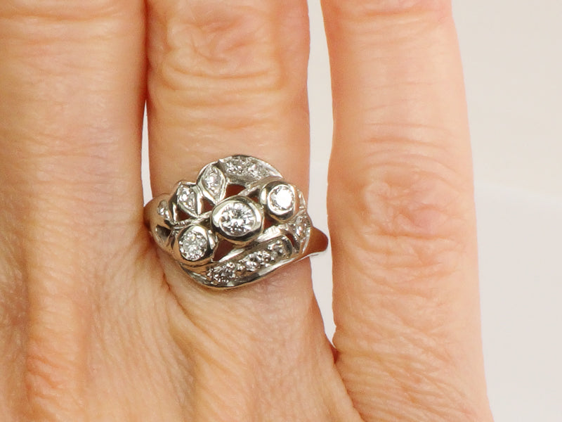 Vintage Art Deco 14k White Gold Diamond Cluster Dinner Ring