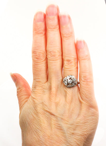 Vintage Art Deco 14k White Gold Diamond Cluster Dinner Ring