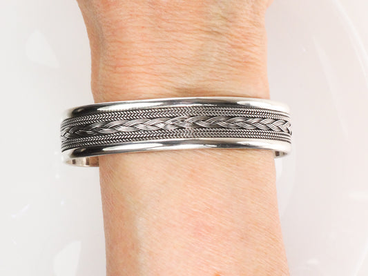 Vintage Large Sterling Silver Weave Design Cuff Bracelet Marked Woods for a Man or Woman