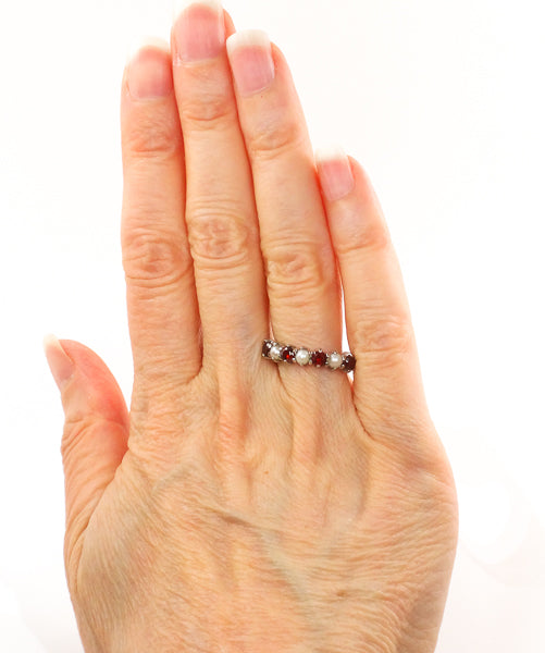 Vintage 14k White Gold Garnet and Pearl Ring with English Hallmarks, Wedding Band, Stacking Ring