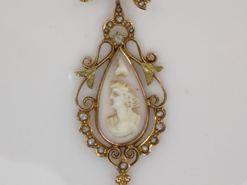 Vintage Art Nouveau 14k Gold Cameo and Pearl Bow Lavalier Pendant