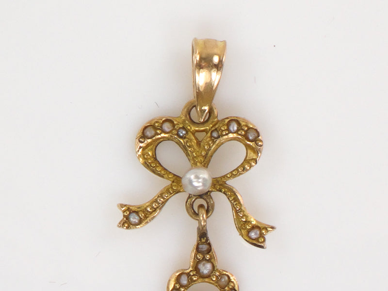 Vintage Art Nouveau 14k Gold Cameo and Pearl Bow Lavalier Pendant
