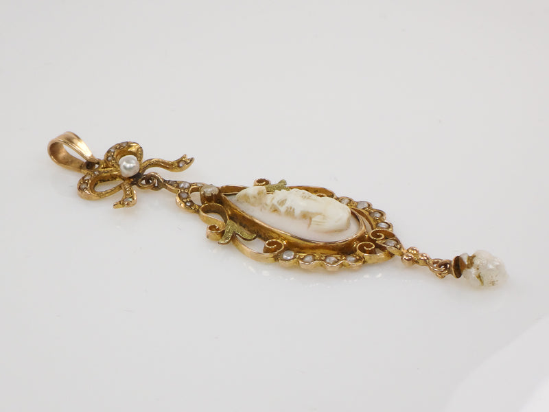 Vintage Art Nouveau 14k Gold Cameo and Pearl Bow Lavalier Pendant