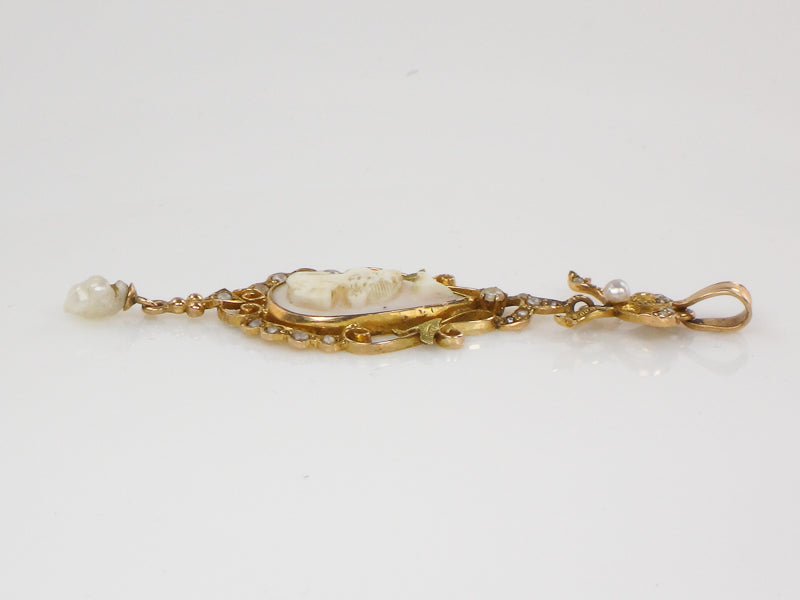 Vintage Art Nouveau 14k Gold Cameo and Pearl Bow Lavalier Pendant