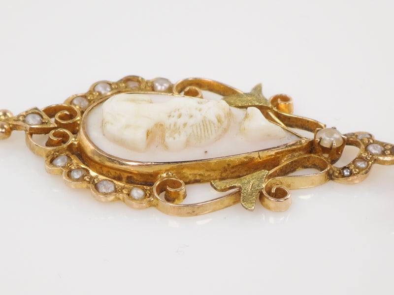 Vintage Art Nouveau 14k Gold Cameo and Pearl Bow Lavalier Pendant