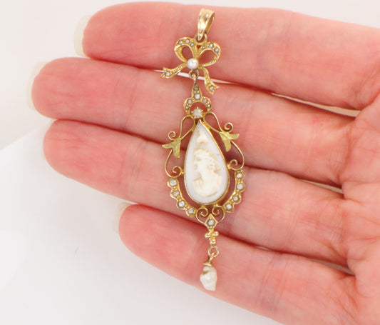 Vintage Art Nouveau 14k Gold Cameo and Pearl Bow Lavalier Pendant