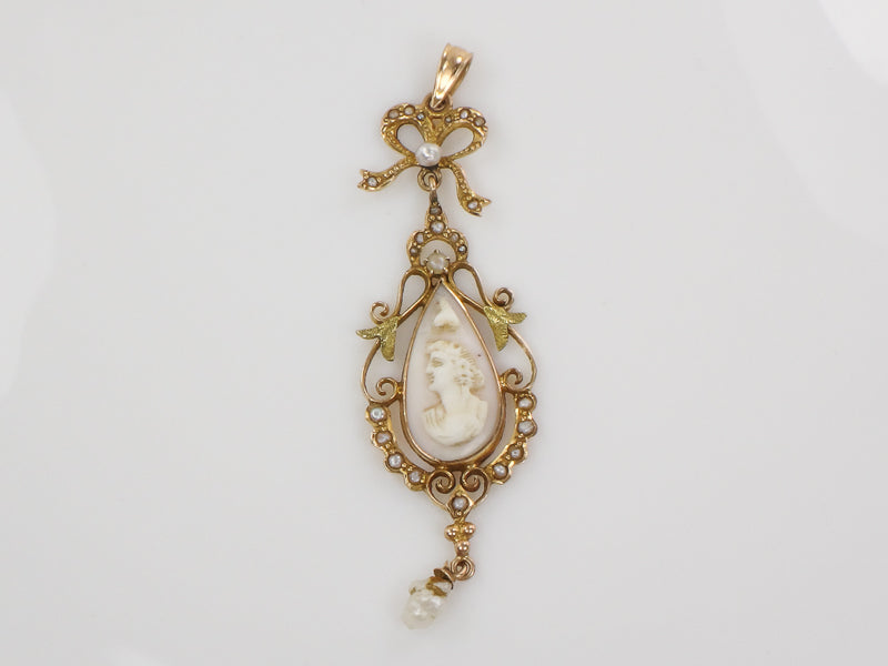 Vintage Art Nouveau 14k Gold Cameo and Pearl Bow Lavalier Pendant