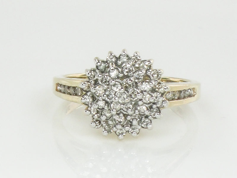 Vintage 10k Two Tone Gold Natural Diamond Round Cluster Ring, Engagement Ring, Size 6.75