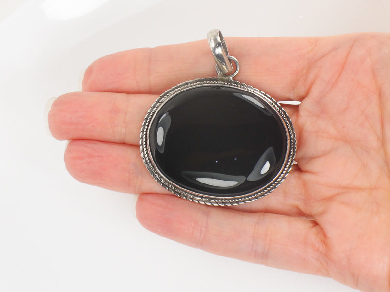 Vintage Large Sterling Silver Black Onyx Pendant