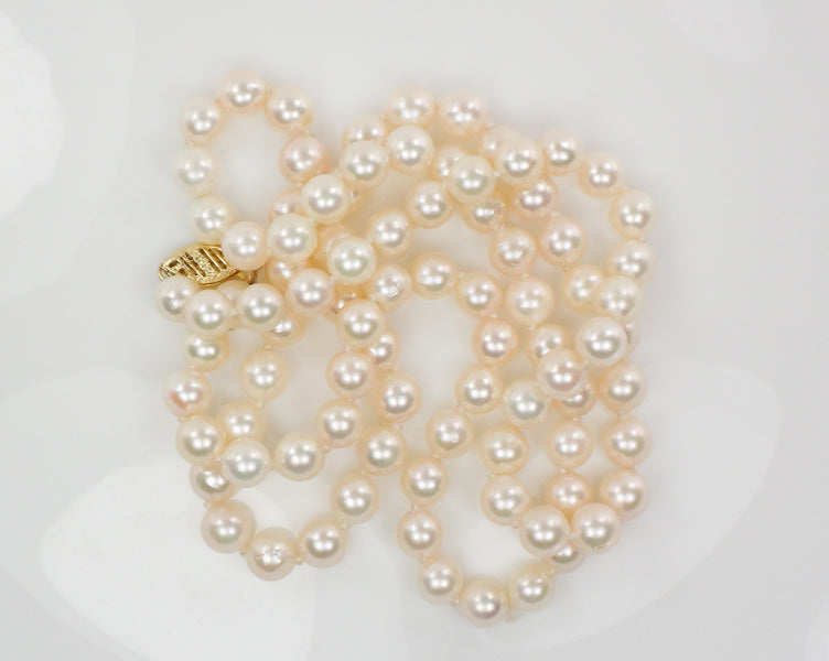 Vintage 14k Yellow Gold Cultured Pearl Necklace, 6.0 - 6.4 mm Strand of Pearls, Bridal Necklace 24"