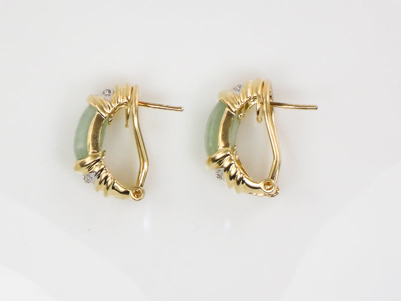 Vintage 14k Yellow Gold Chrysoprase and Diamond Earrings with Omega Backs, Light Green Jade Look Earrings