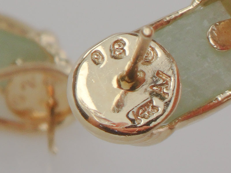 Vintage 14k Yellow Gold Chrysoprase and Diamond Earrings with Omega Backs, Light Green Jade Look Earrings