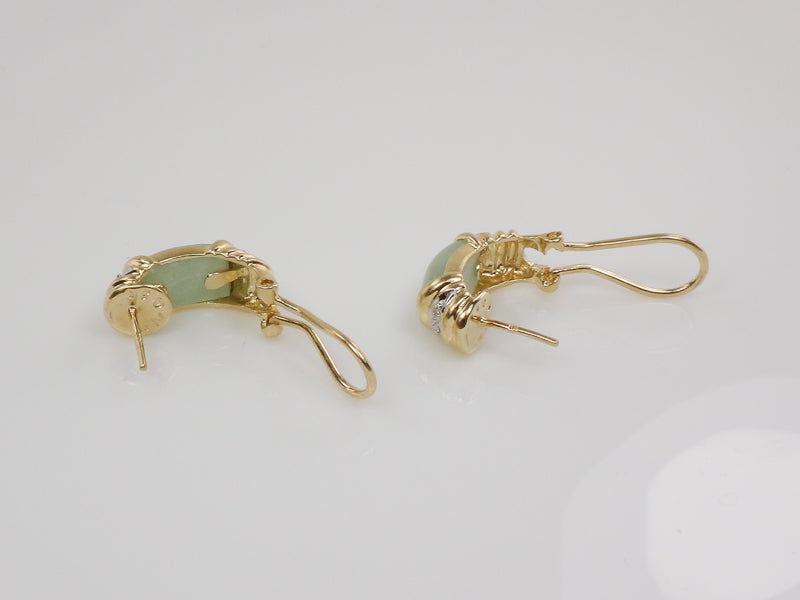 Vintage 14k Yellow Gold Chrysoprase and Diamond Earrings with Omega Backs, Light Green Jade Look Earrings