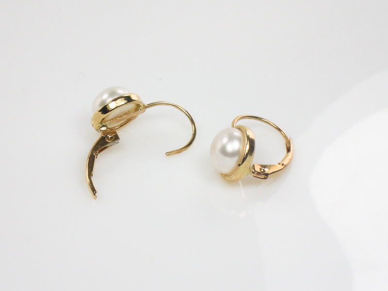 Vintage 14k Yellow Gold Button Pearl Earrings with Lever Backs, Bridal Earrings