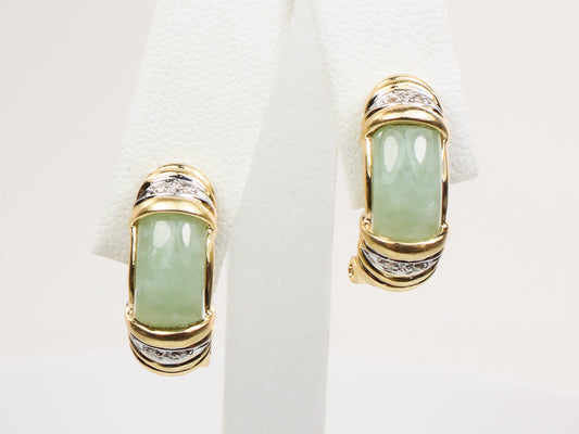 Vintage 14k Yellow Gold Chrysoprase and Diamond Earrings with Omega Backs, Light Green Jade Look Earrings