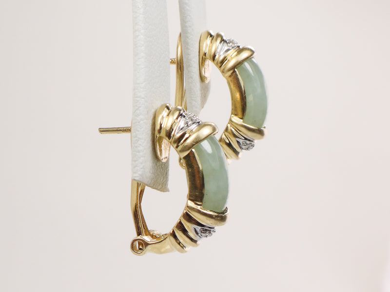 Vintage 14k Yellow Gold Chrysoprase and Diamond Earrings with Omega Backs, Light Green Jade Look Earrings