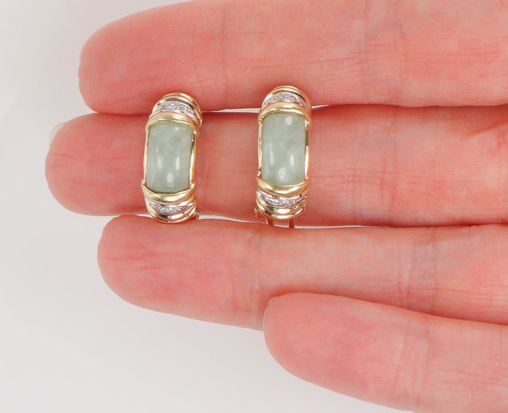 Vintage 14k Yellow Gold Chrysoprase and Diamond Earrings with Omega Backs, Light Green Jade Look Earrings