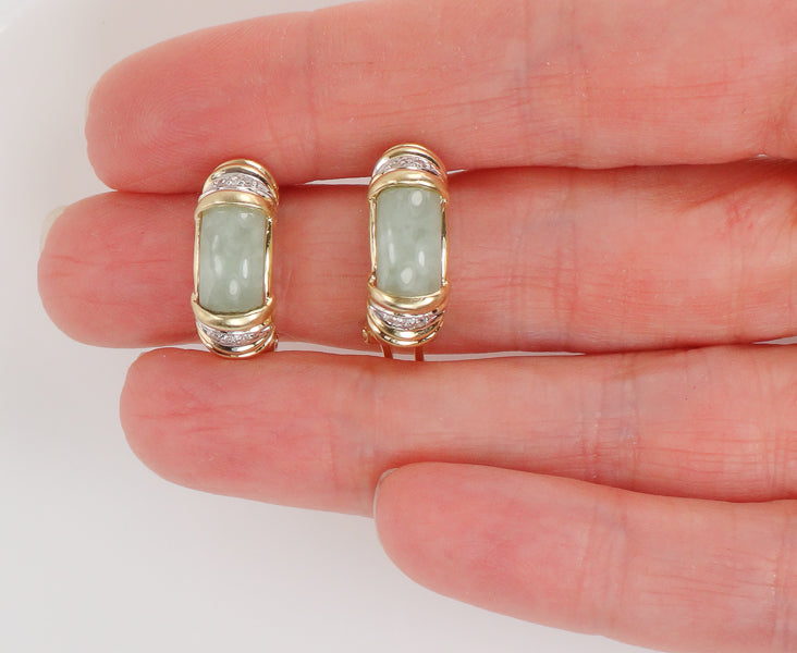 Vintage 14k Yellow Gold Chrysoprase and Diamond Earrings with Omega Backs, Light Green Jade Look Earrings