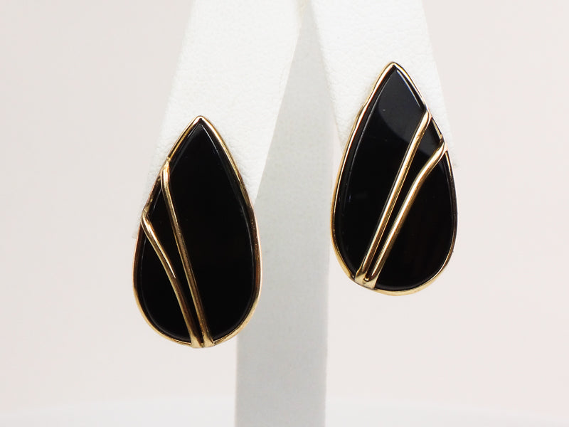 Vintage 14k Yellow Gold Black Onyx Teardrop Shaped Stud Earrings with Post Backs