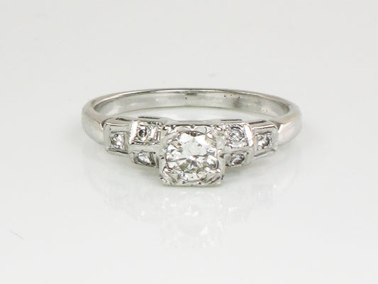 Vintage Art Deco Style 14k White Gold Transitional European Cut Diamond Engagement Ring, Size 5.75