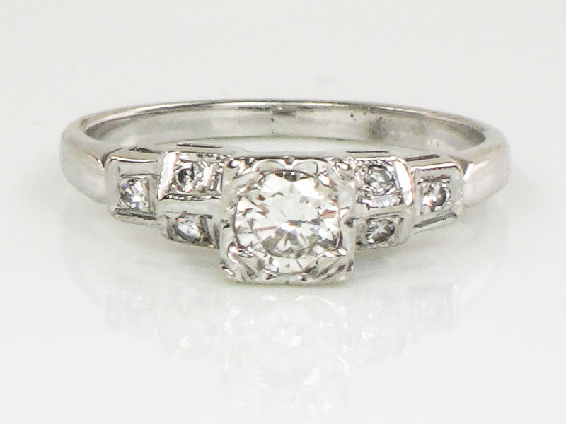 Vintage Art Deco Style 14k White Gold Transitional European Cut Natural Diamond Engagement Ring Size 5.75