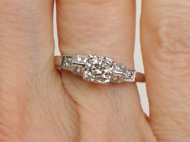 Vintage Art Deco Style 14k White Gold Transitional European Cut Natural Diamond Engagement Ring Size 5.75