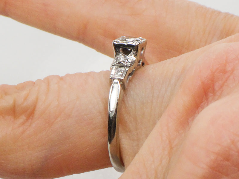 Vintage Art Deco Style 14k White Gold Transitional European Cut Natural Diamond Engagement Ring Size 5.75