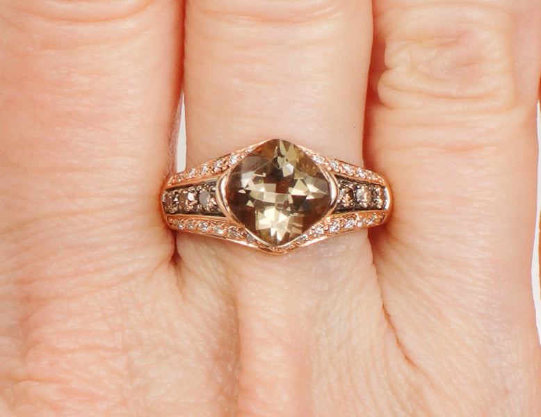 Vintage Le Vian 14k Rose Gold Smoky Quartz and Diamond Ring Size 7