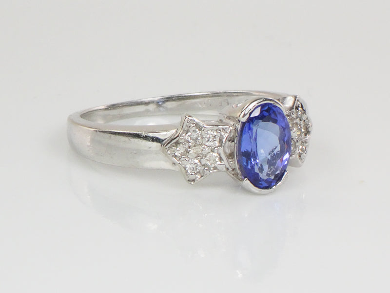Le Vian 14k White Gold Oval Tanzanite and Pave Diamond Stars Ring (Estate), Size 8