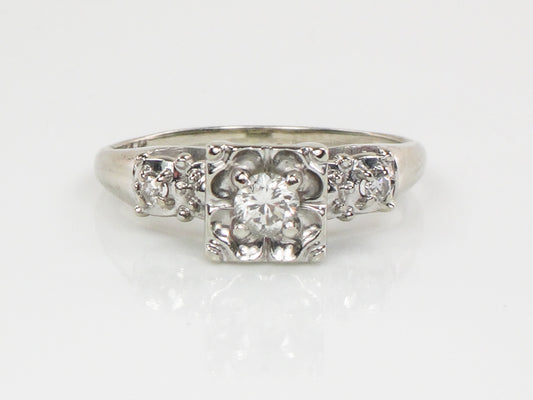 Vintage 14k White Gold Round Diamond Engagement Ring: Circa 1950's, Size 5