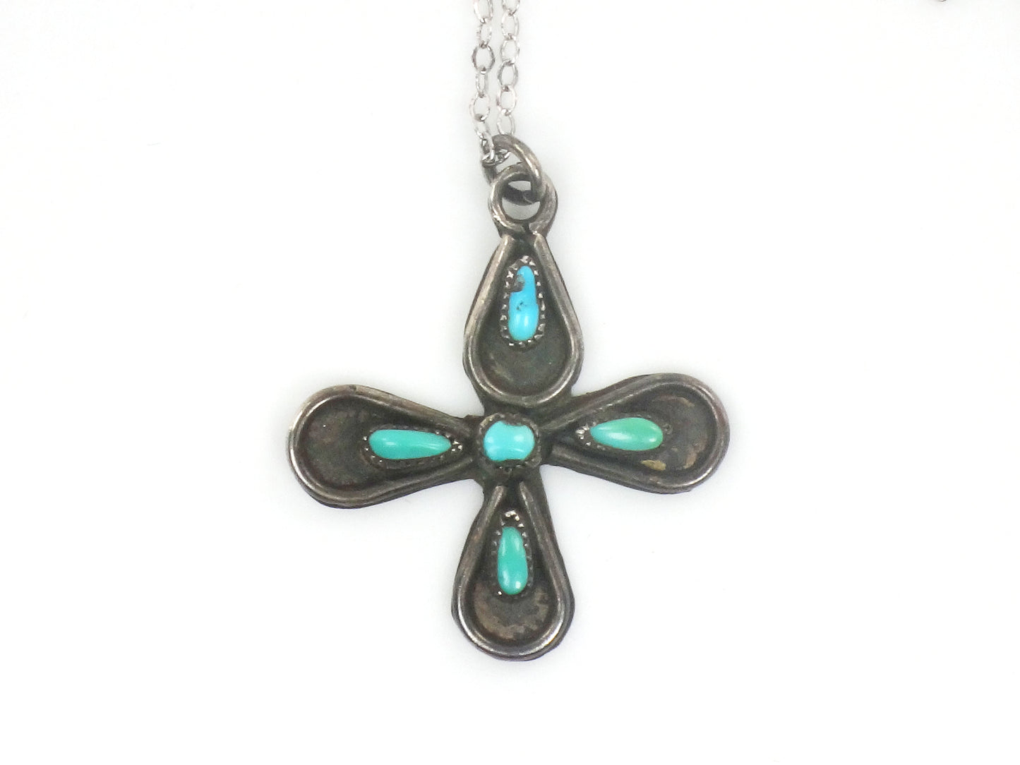 Vintage Long Sterling Silver Native American Style Turquoise Cross Necklace 25"