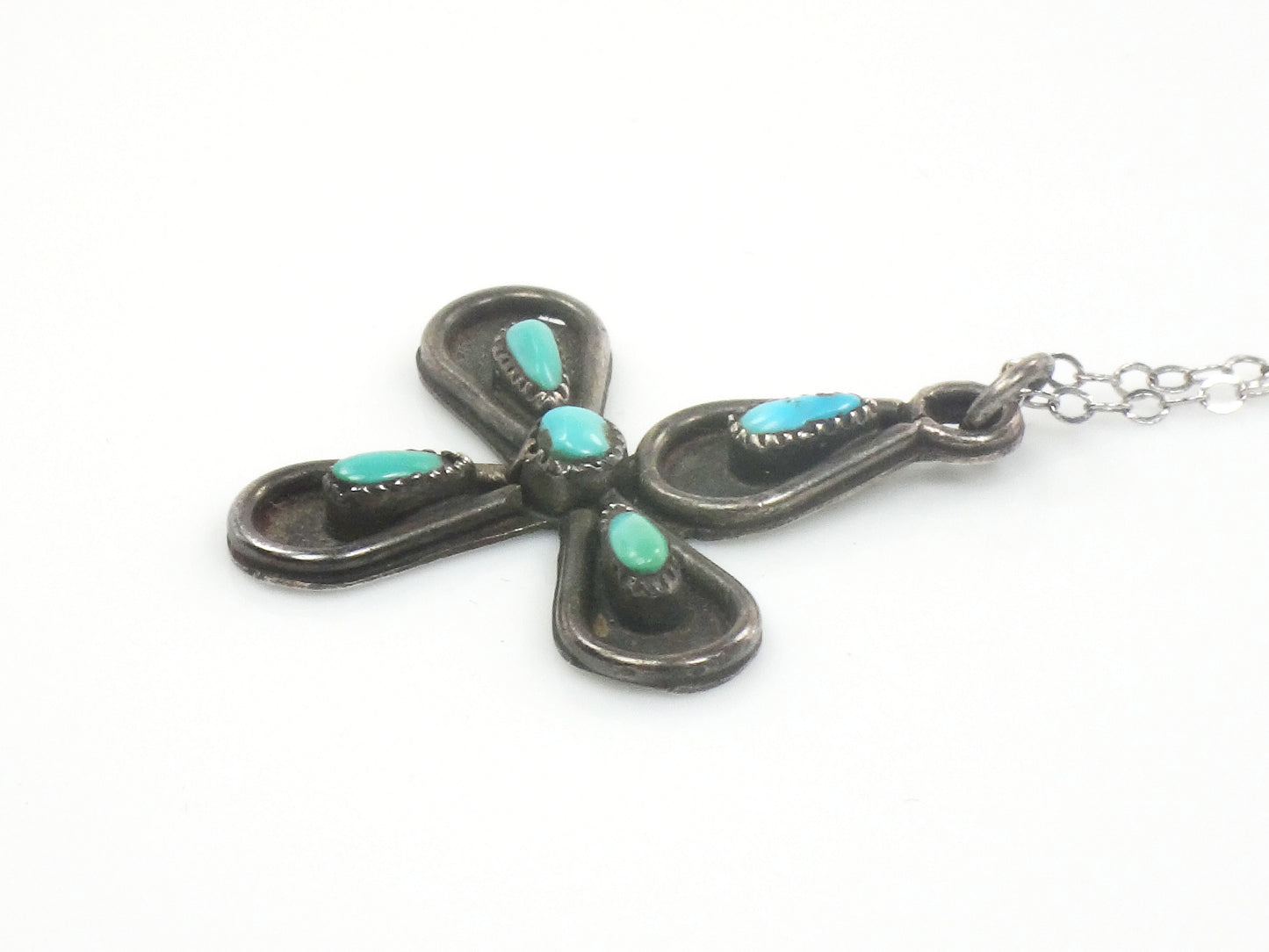 Vintage Long Sterling Silver Native American Style Turquoise Cross Necklace 25"