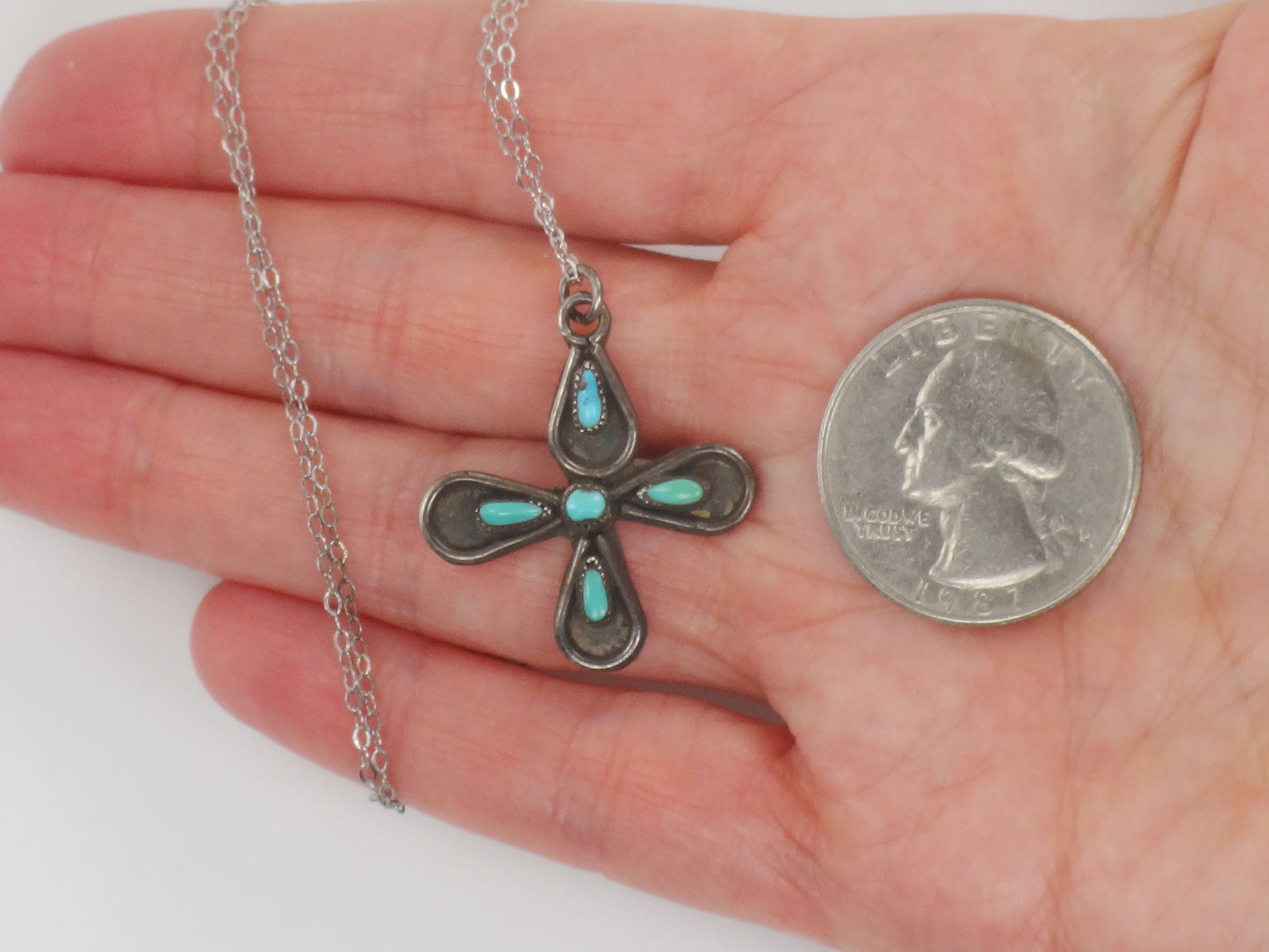 Vintage Long Sterling Silver Native American Style Turquoise Cross Necklace 25"