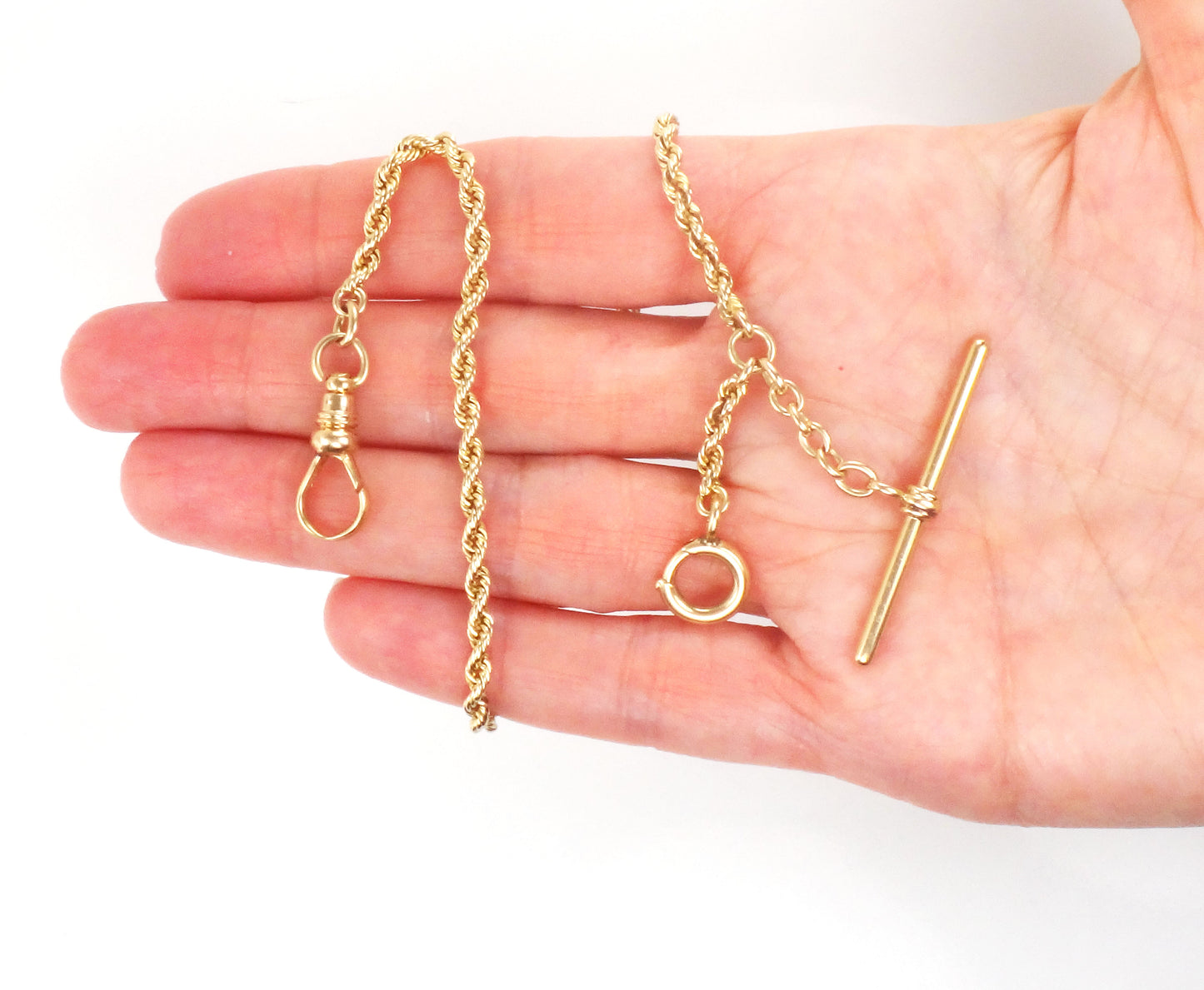 Antique 14k Yellow Gold Watch Chain, Victorian Albert Pocket Watch Chain with T-Bar 10.5"
