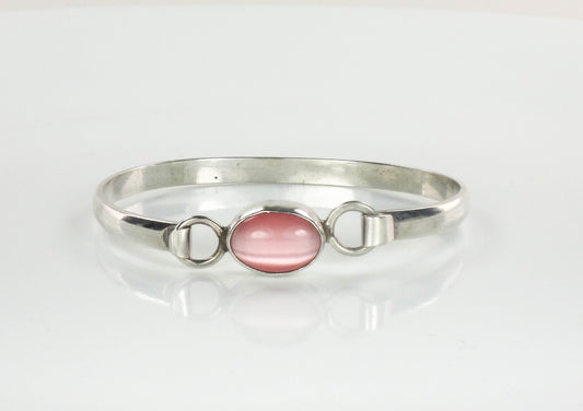 Vintage Sterling Silver Pink Cats Eye Glass Bangle Bracelet, Made in Mexico