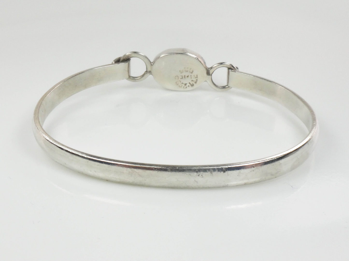 Vintage Sterling Silver Pink Cats Eye Glass Bangle Bracelet, Made in Mexico