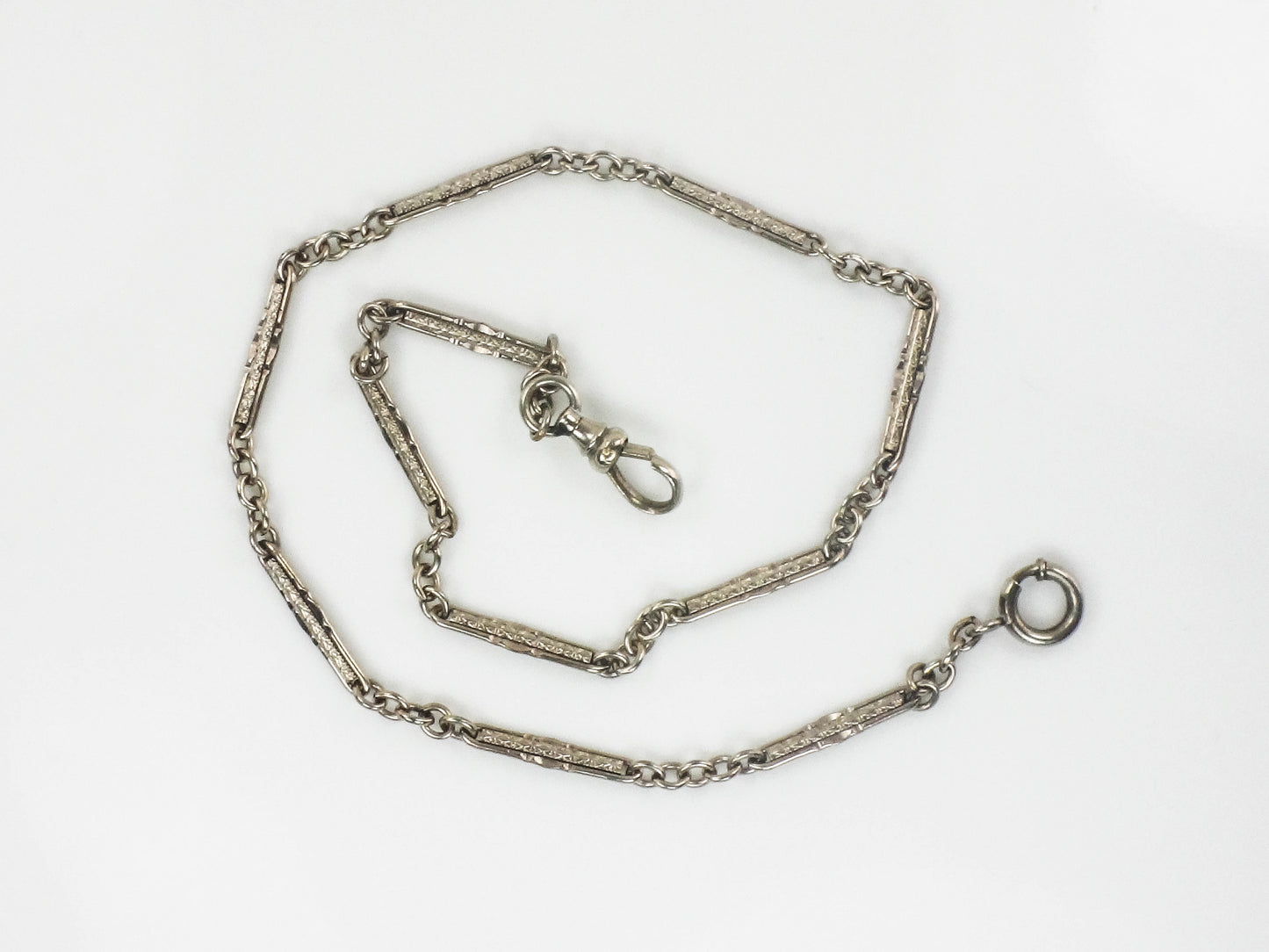Art Deco White Gold Filled GF Link and Bar Pocket Watch Chain 13 1/8"