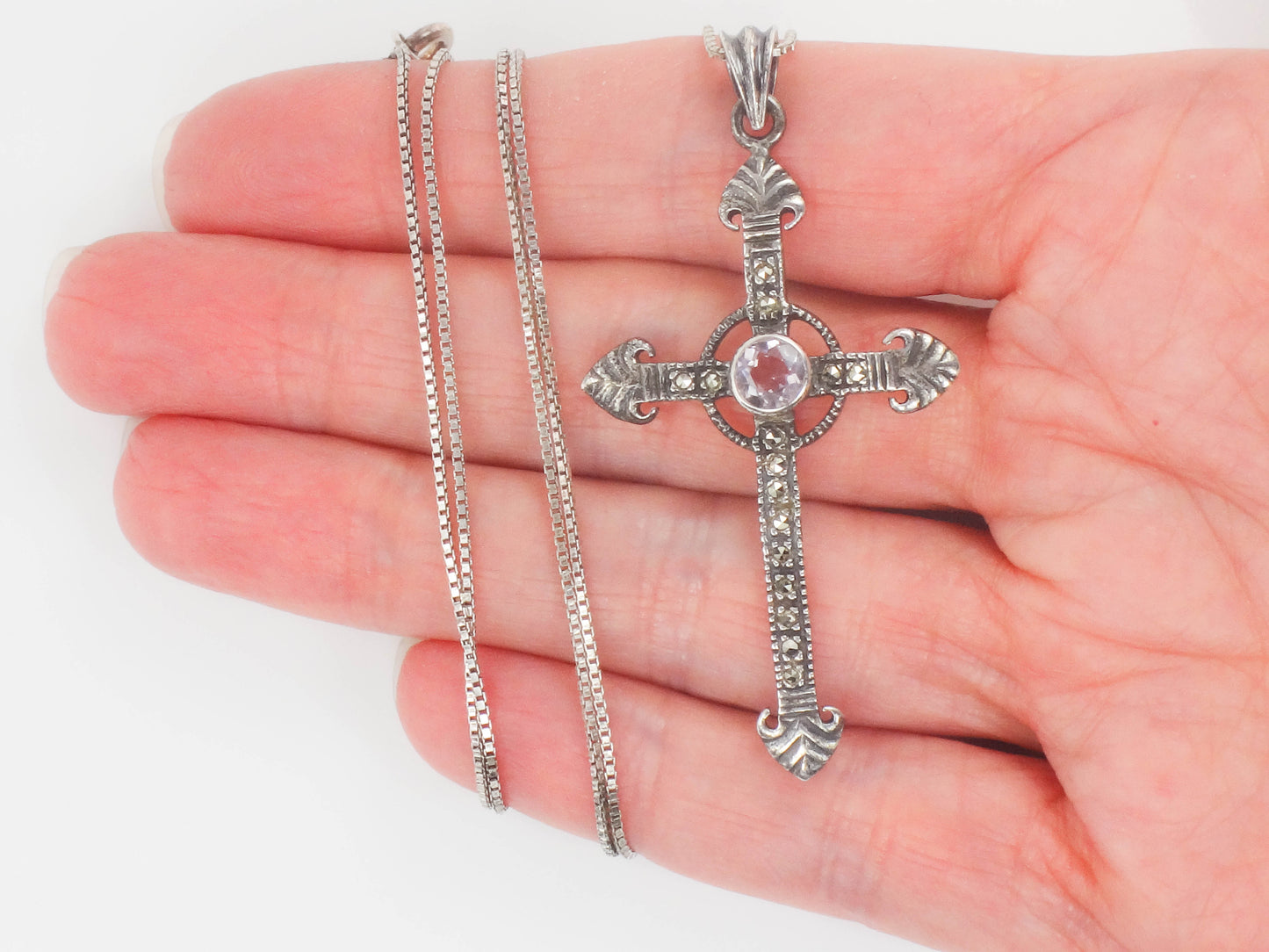 Estate Sterling Silver Large Purple Amethyst and Marcasite Cross Pendant Necklace 24"