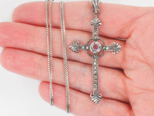 Estate Sterling Silver Large Purple Amethyst and Marcasite Cross Pendant Necklace 24"